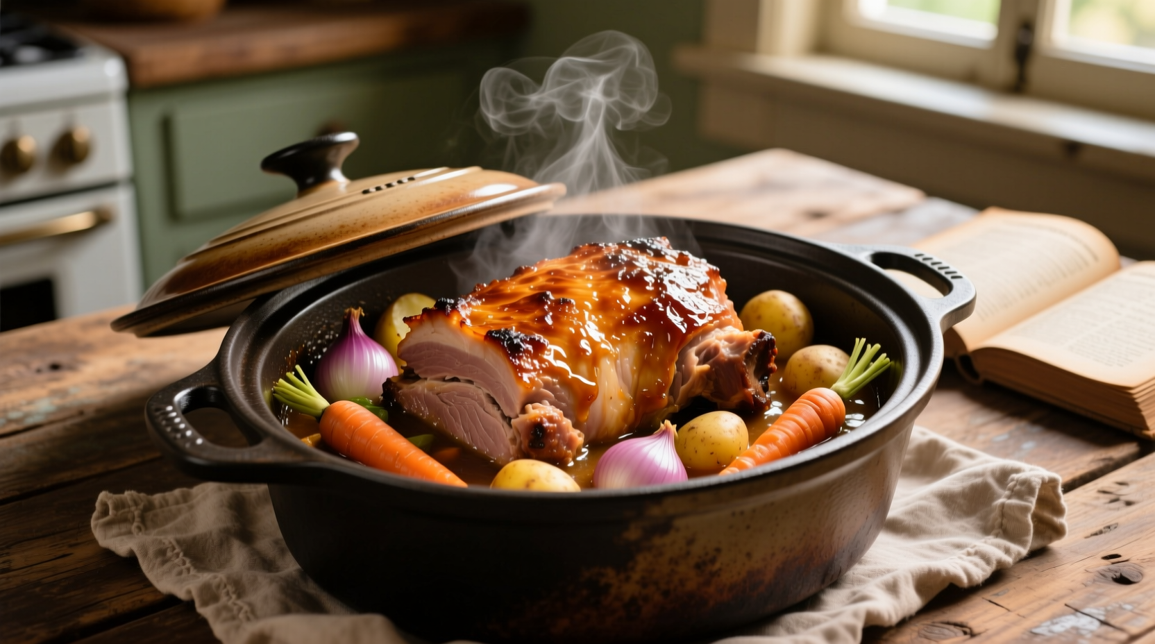 Perfectly cooked pork roast with vegetables in slow cooker
