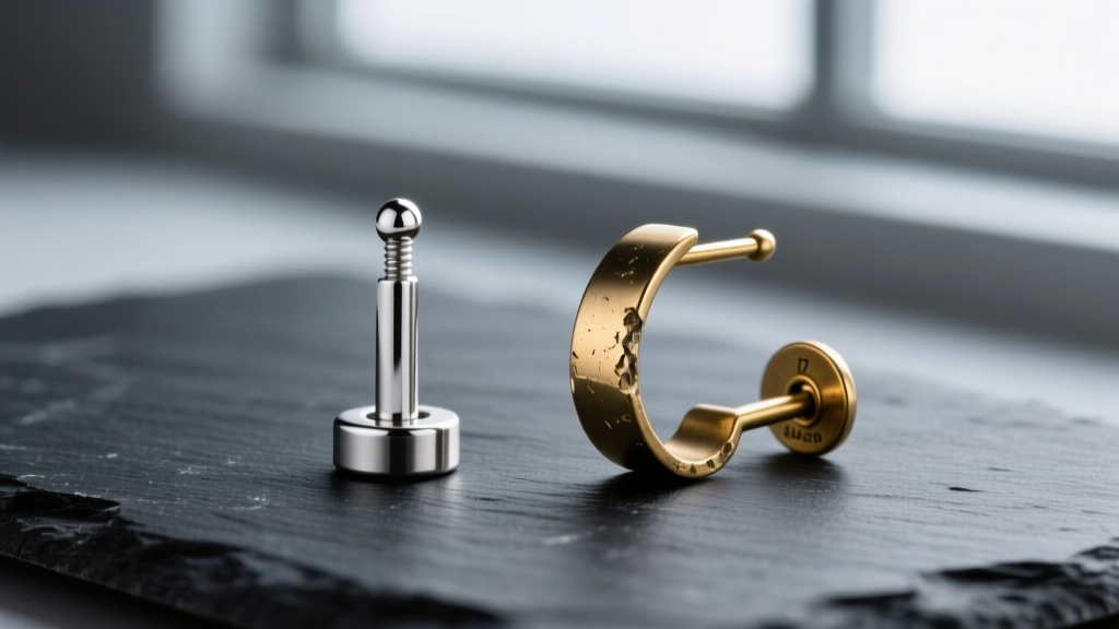 Comparison of a 20-gauge titanium earring post next to a bent 22-gauge brass discount store post on a dark slate background