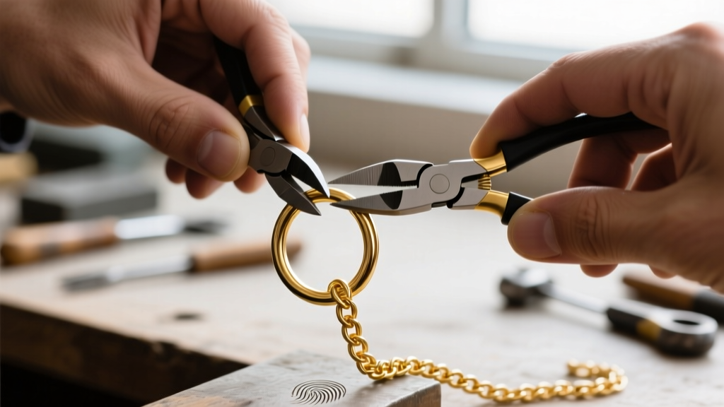 Close-up of jeweler hands using precision flush cutters to trim an 18-gauge gold-filled jump ring for a Permalinx chain repair.