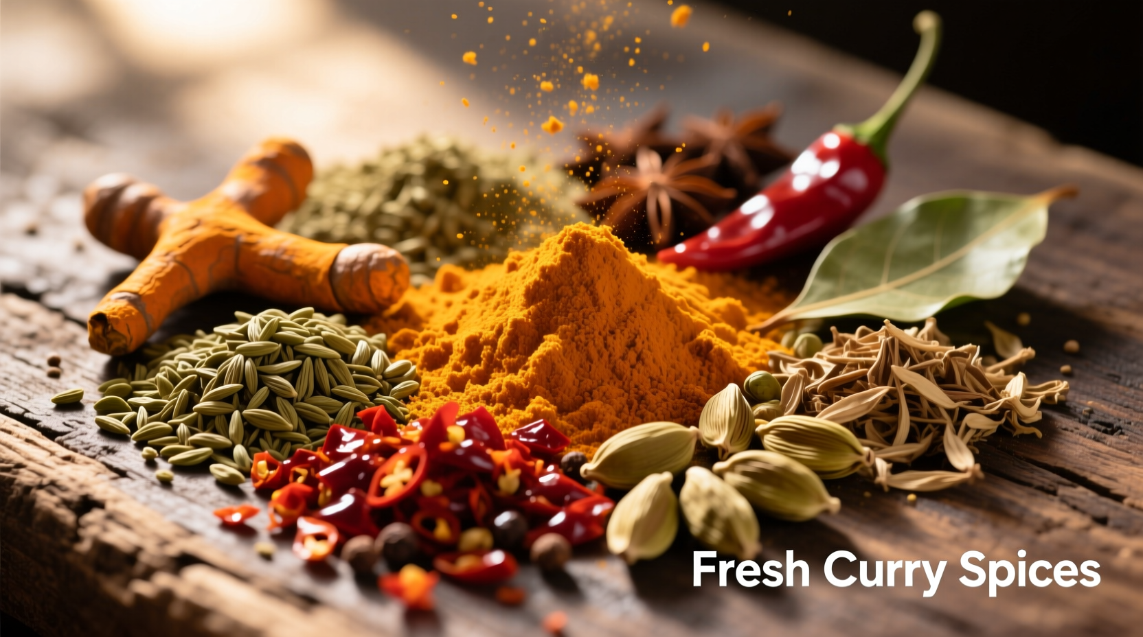 Close-up of fresh curry spices on wooden surface