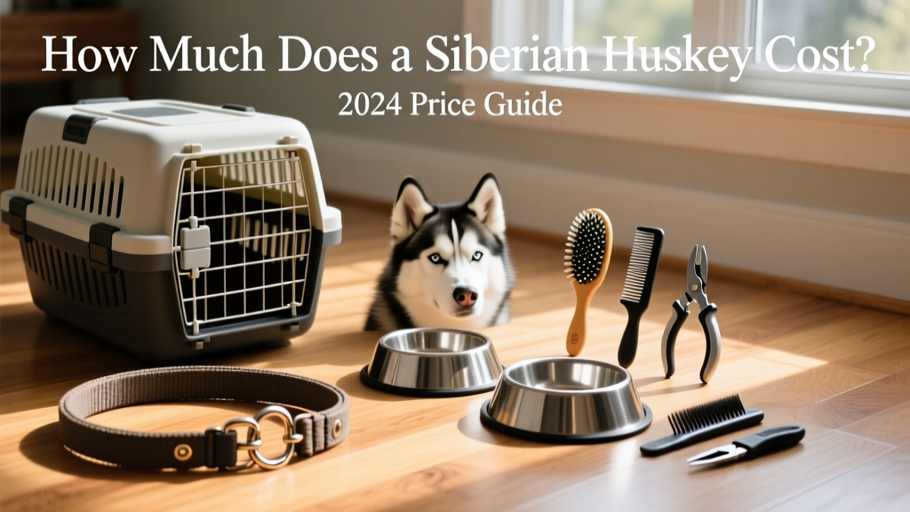A neatly organized collection of Husky essentials: sturdy crate, heavy-duty leash, stainless steel bowls, and grooming tools on a clean hardwood floor