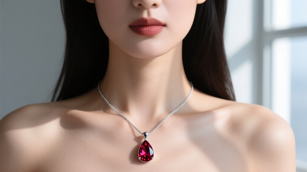 Close-up of a woman wearing a sterling silver blood drop necklace with a lab-created ruby pendant resting softly on her collarbone