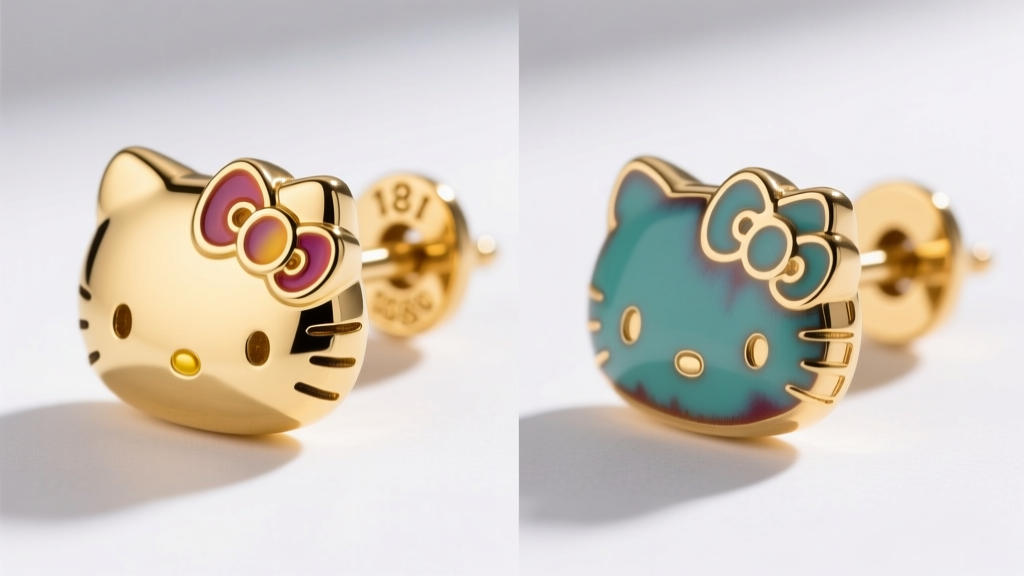 Side-by-side macro comparison of an authentic 18k gold Hello Kitty earring and a counterfeit piece with blurred enamel features