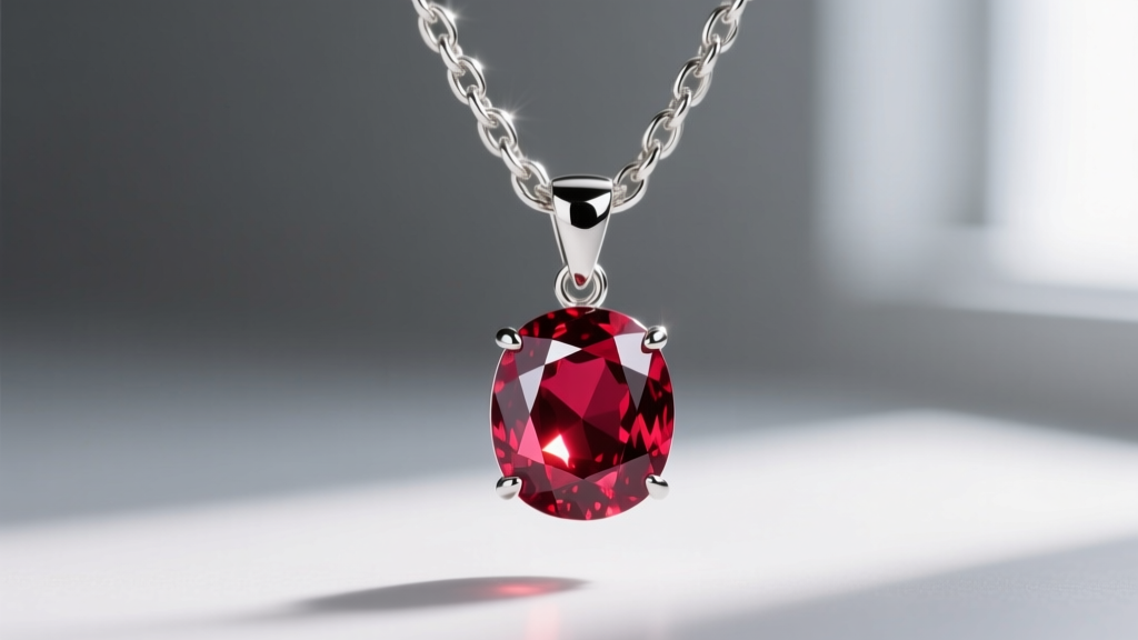 Macro shot of a platinum chain holding a pigeon-blood ruby pendant, highlighting the metal polish and the gem