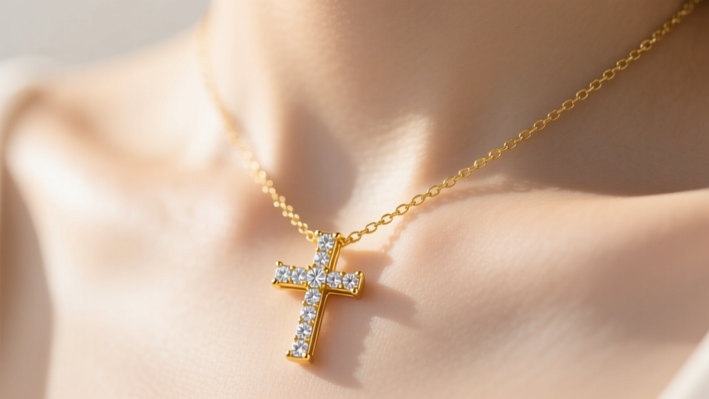 Close-up of a delicate 14k yellow gold tiny diamond cross necklace on a collarbone, soft sunlight highlighting the pave setting