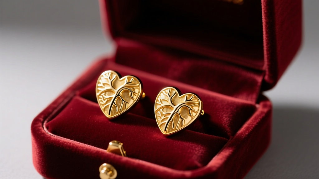 Close-up of a velvet gift box revealing detailed 14k gold anatomical heart stud earrings under soft, dramatic studio lighting.