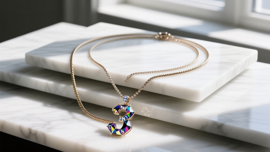 Layered Maison Margiela necklaces on marble, featuring a 16-inch cable chain and an 18-inch crystal-encrusted number pendant.