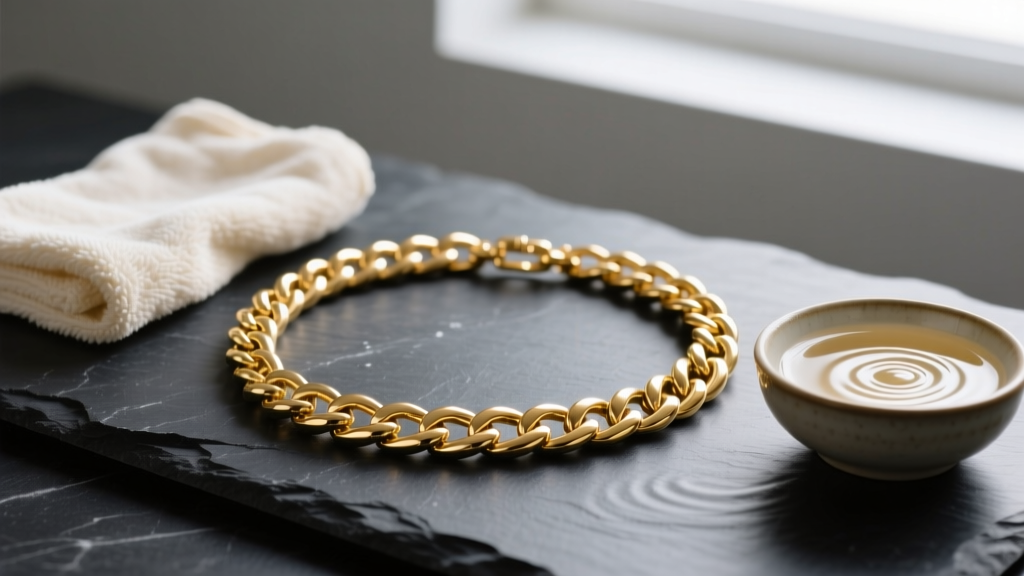 A 20-inch 14k gold Cuban chain on dark slate beside a microfiber cloth and a small bowl of warm soapy water.