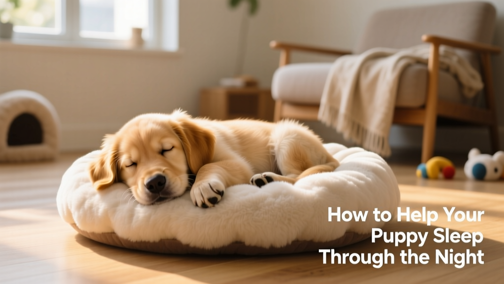 A tired but content puppy napping on a soft dog bed during the day