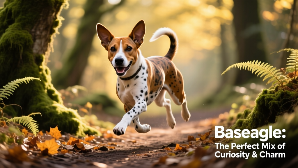 An adult Baseagle mid-stride on a forest trail, ears flapping, clearly enjoying an outdoor adventure