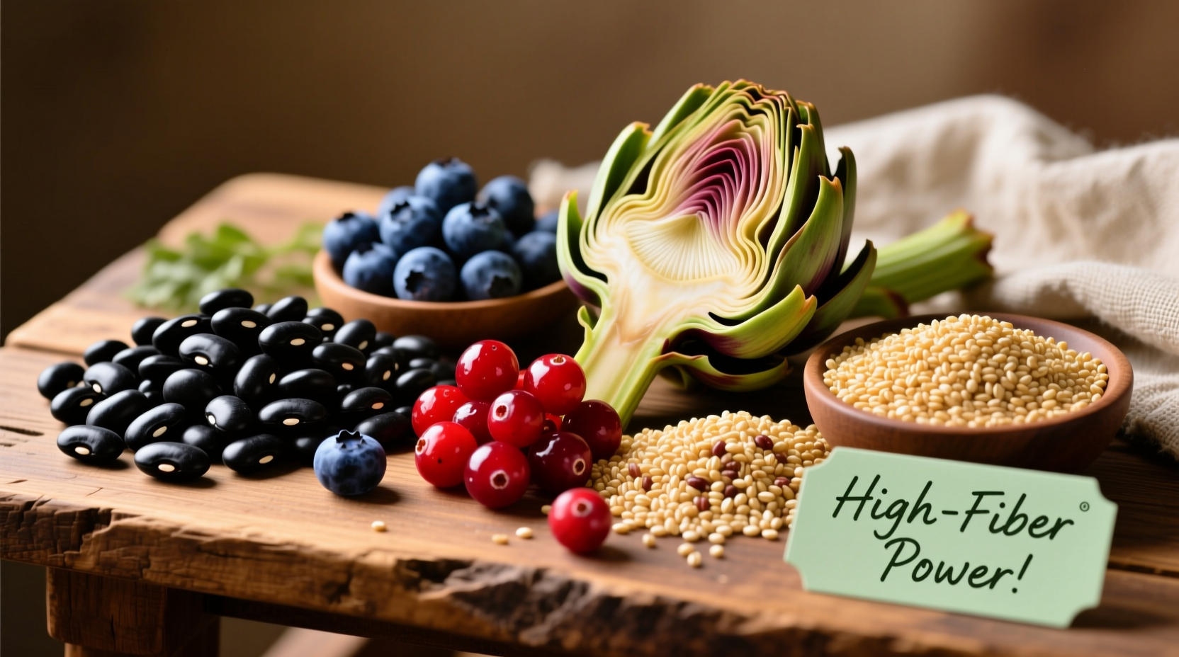 Colorful high-fiber foods: beans, berries, artichokes and whole grains