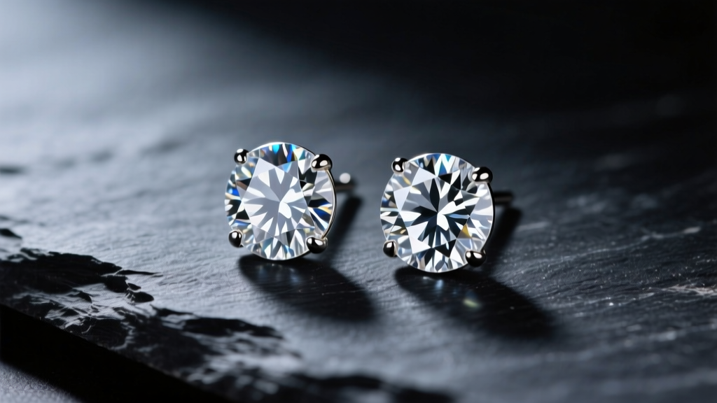 Close-up of sparkling round brilliant diamond stud earrings resting on dark slate, illuminated by soft directional studio lighting.