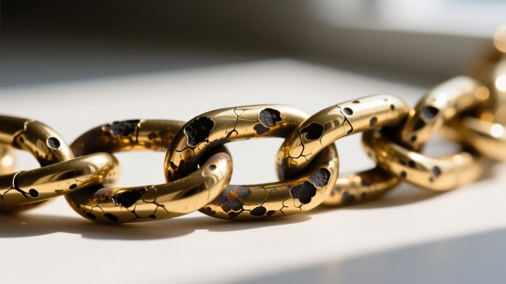 Macro shot of tarnished gold vermeil chain showing dark oxidation spots caused by sunscreen and sweat exposure over summer months.