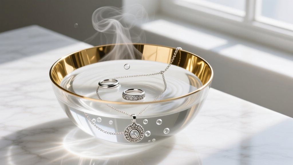 Glass bowl lined with foil, filled with hot water and submerged silver jewelry, showing gentle bubbles forming on the metal.