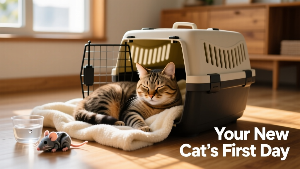 A relaxed adult cat napping on a soft blanket beside an open carrier, with a toy and water bowl nearby