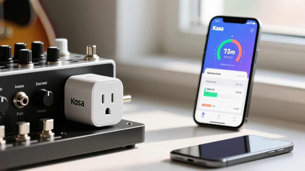 Close-up of a Kasa smart plug powering a boutique guitar pedalboard power supply, with a smartphone displaying the Kasa app energy monitoring schedule in the background.