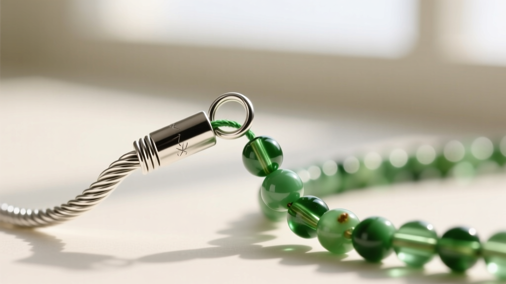 Close-up macro shot of a silver wire guardian looping through a 2mm crimp tube, securing a green seed beaded necklace thread