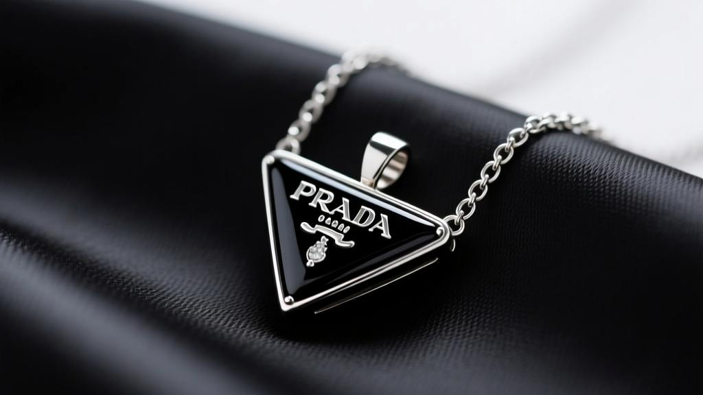 Macro shot of a Prada triangle pendant on dark silk, showing glossy black epoxy enamel and a rhodium-plated silver chain link.