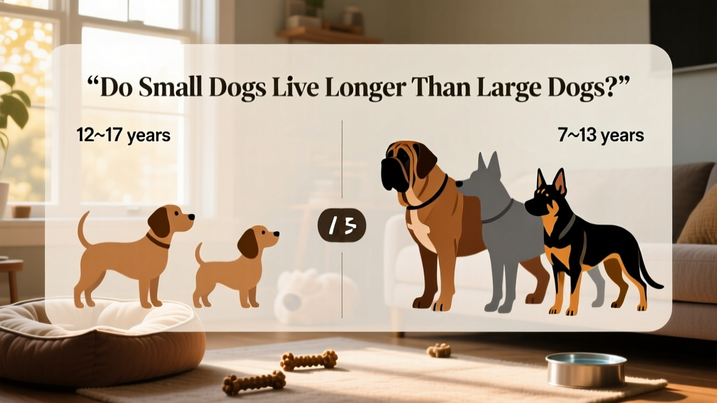 Infographic showing lifespan comparison: small breeds on left (12–17 years), large breeds on right (7–13 years)