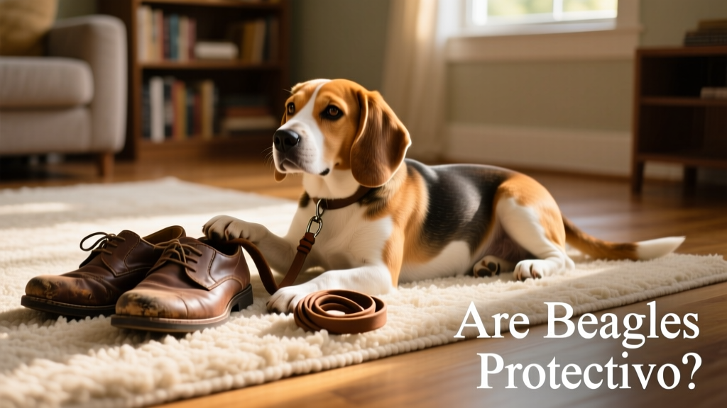 A relaxed Beagle lying on a cozy rug next to a family’s shoes and a leash, showing calm home-life behavior