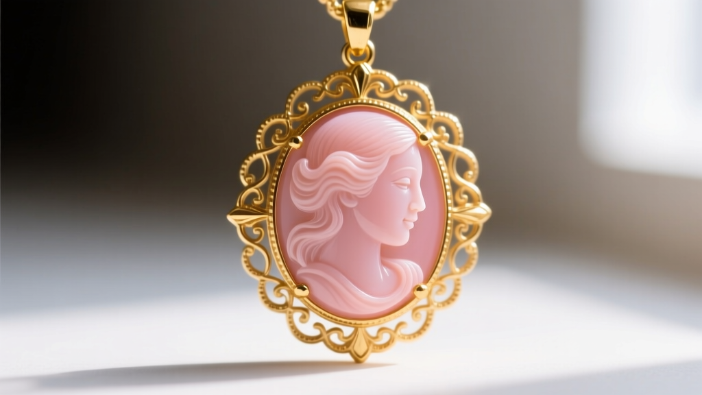 Macro shot of a gold-plated 1928 cameo pendant showing intricate filigree borders and a pastel pink resin carved female profile