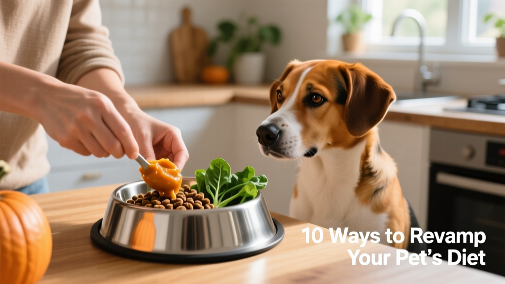 Dog owner gently mixing pumpkin puree into a stainless steel food bowl with kibble and fresh greens