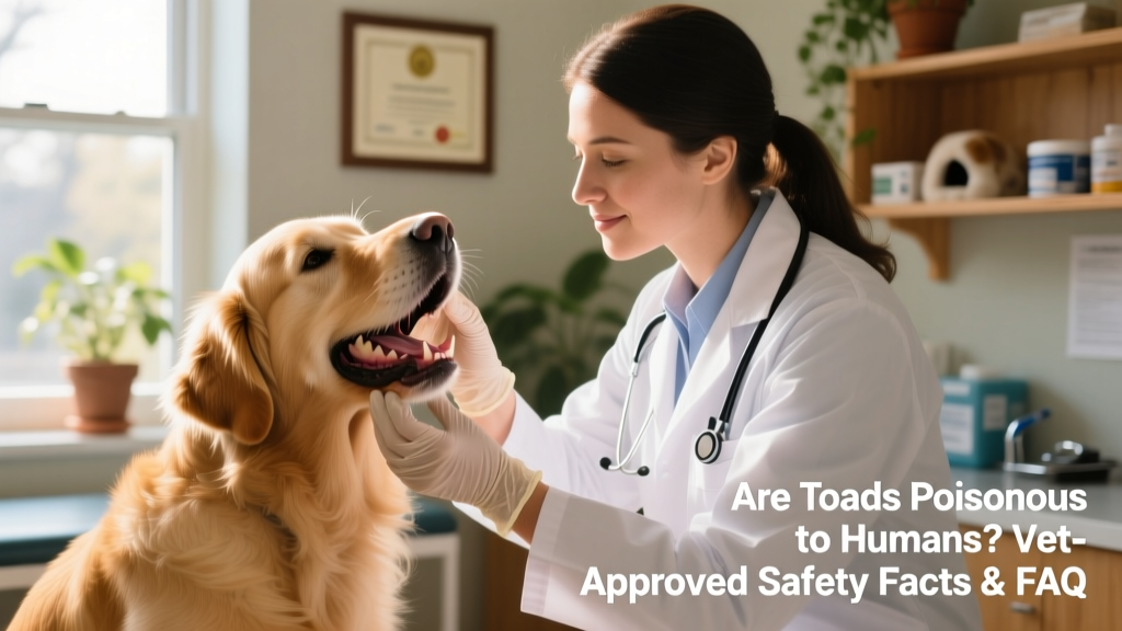 A veterinarian gently examining a dog’s mouth after suspected toad exposure, with gloves and a calm demeanor