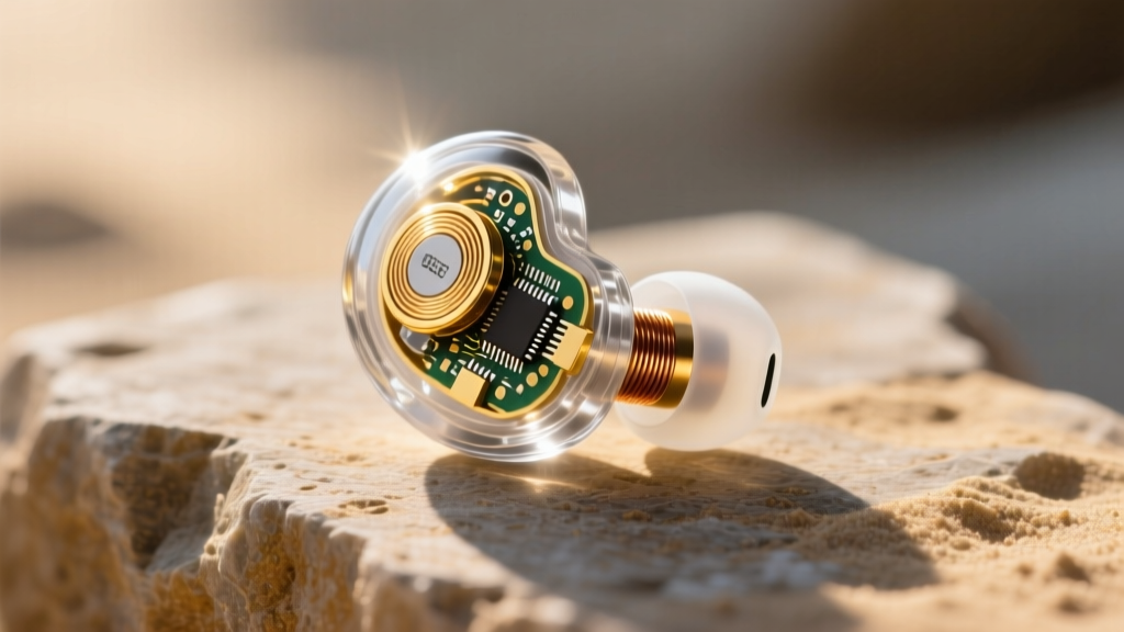 Macro photography of a transparent TWS earbud resting on a sandstone surface, revealing its internal gold-plated PCB and copper voice coil.