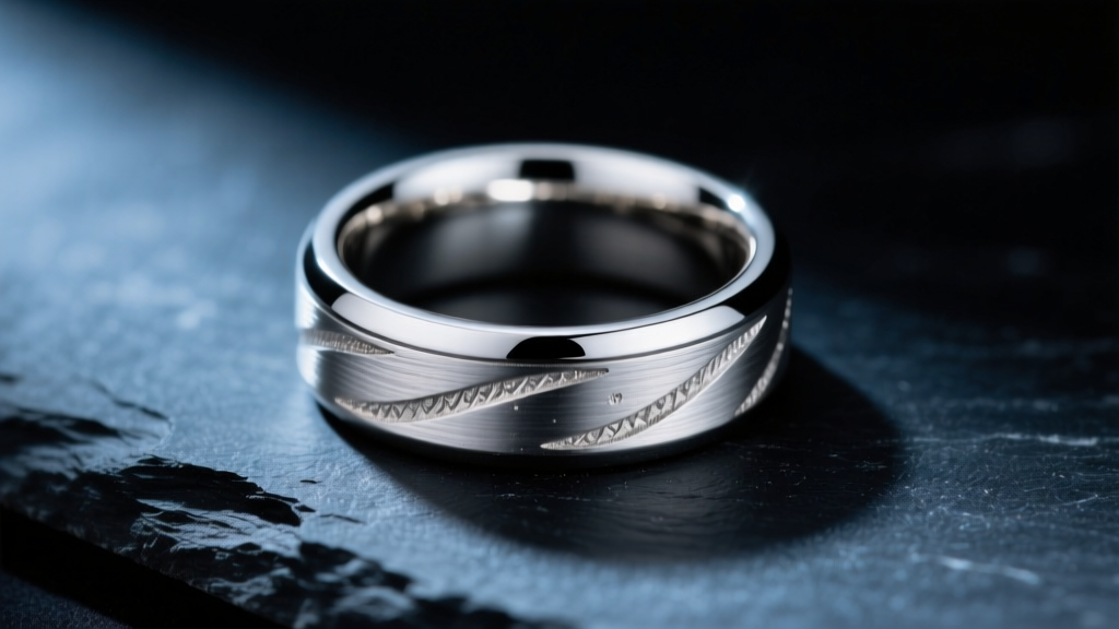 Close-up of an unplated 18k palladium white gold signet ring with brushed finish resting on dark slate under moody lighting