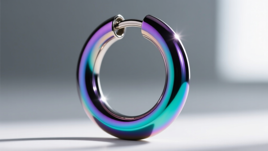 Close-up of a 16-gauge anodized titanium cartilage hoop showing a vibrant voltage-induced holographic purple-to-teal gradient