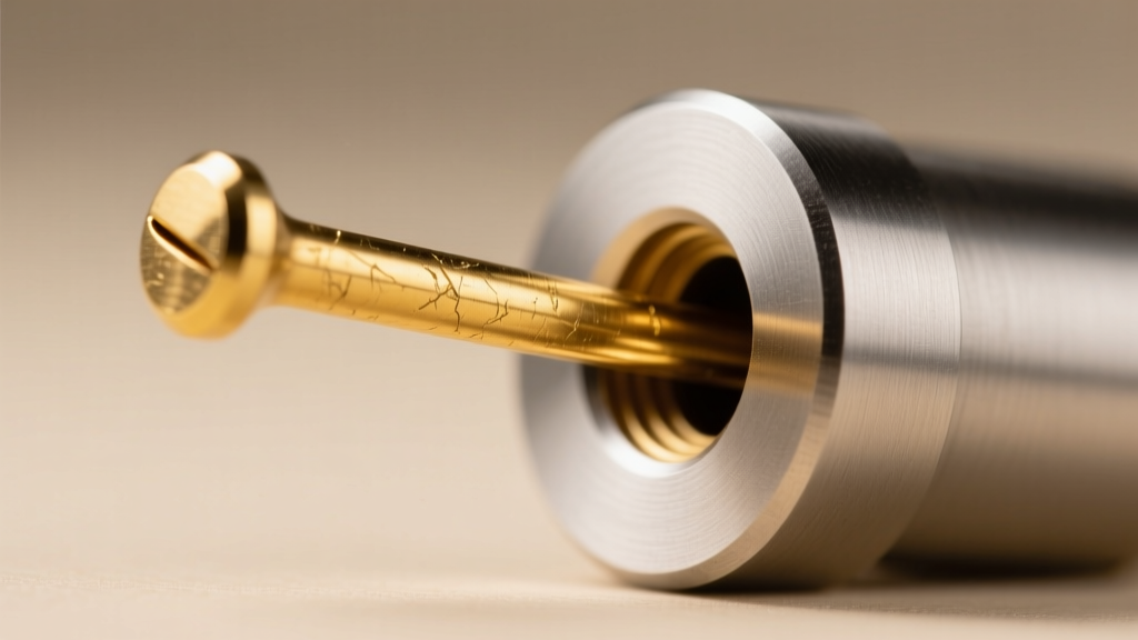 Macro shot of a threadless gold decorative end pin bent at a 15-degree angle, inserting into a hollow titanium flat-back post
