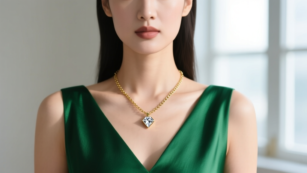 Close-up of a woman in an emerald v-neck dress wearing an 18-inch 14k gold box chain with a geometric diamond pendant