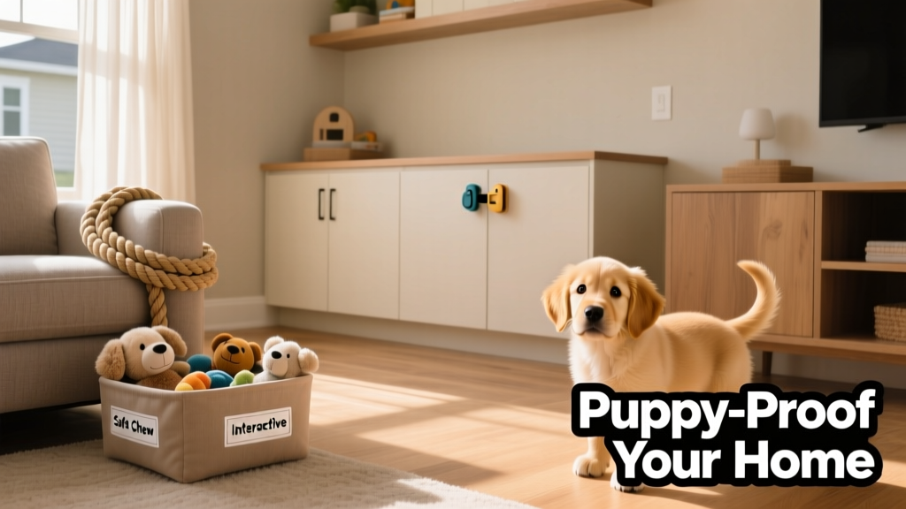 A tidy, puppy-proofed living room with secured cords, closed cabinets, and safe toys visible