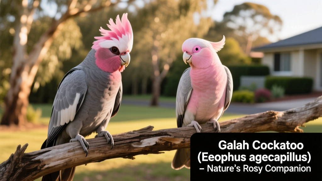 Side-by-side comparison showing male galah (dark brown eyes) and female galah (pinkish eyes) perched calmly