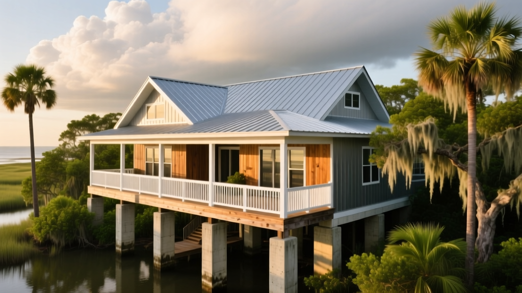 Elevated coastal Louisiana home on concrete pilings with standing seam metal roof and wraparound porch under humid sky