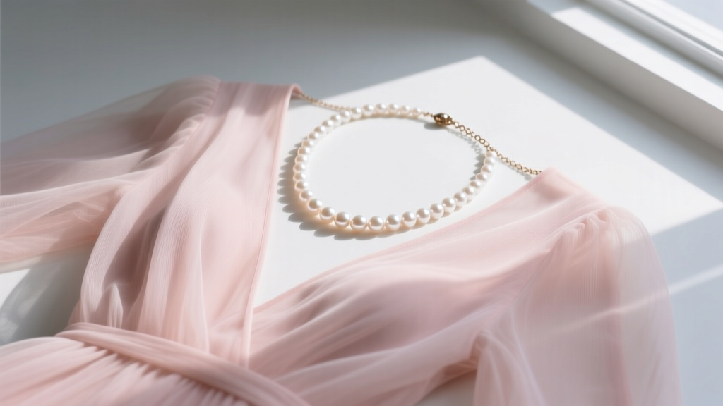 Flat lay of a freshwater pearl lariat necklace resting on a blush chiffon v-neck dress, natural window light, high detail focus