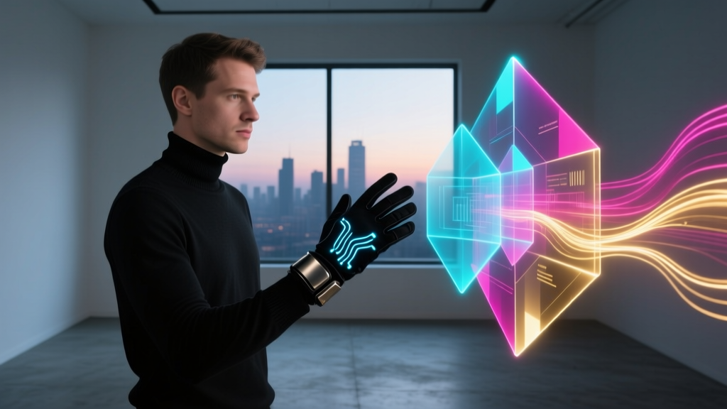 Developer wearing a black haptic feedback glove interacting with a floating 3D spatial computing interface in a dimly lit room