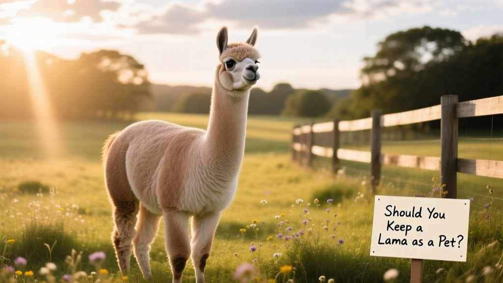 A calm, well-groomed llama standing peacefully in a sunlit pasture with gentle fencing in the background