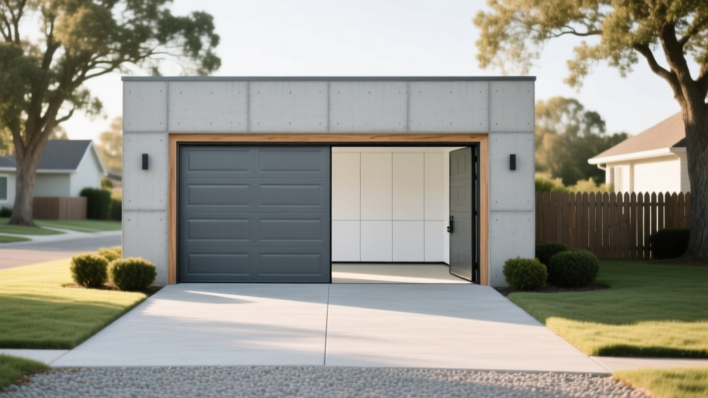 Detached two-car garage with concrete slab foundation, framed walls, and modern insulated steel door resting on a suburban lot
