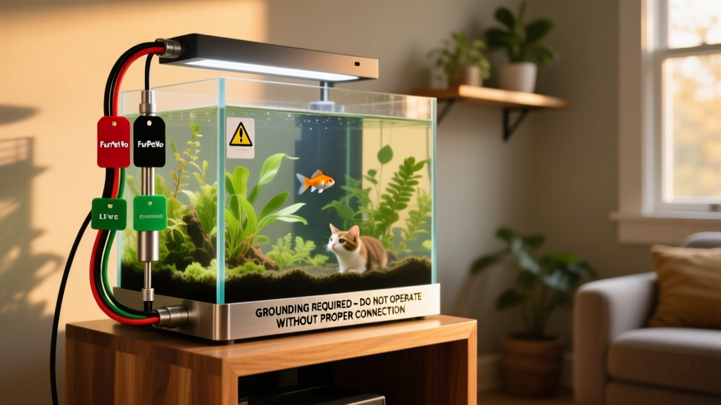 FurPetVo grounding probe connected to an aquarium stand with labeled wiring and safety signage