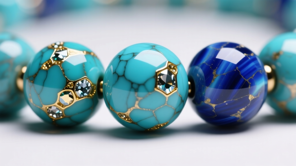 Macro photography of natural turquoise and lapis lazuli beads showing matrix patterns and pyrite inclusions under bright jewelry studio lighting