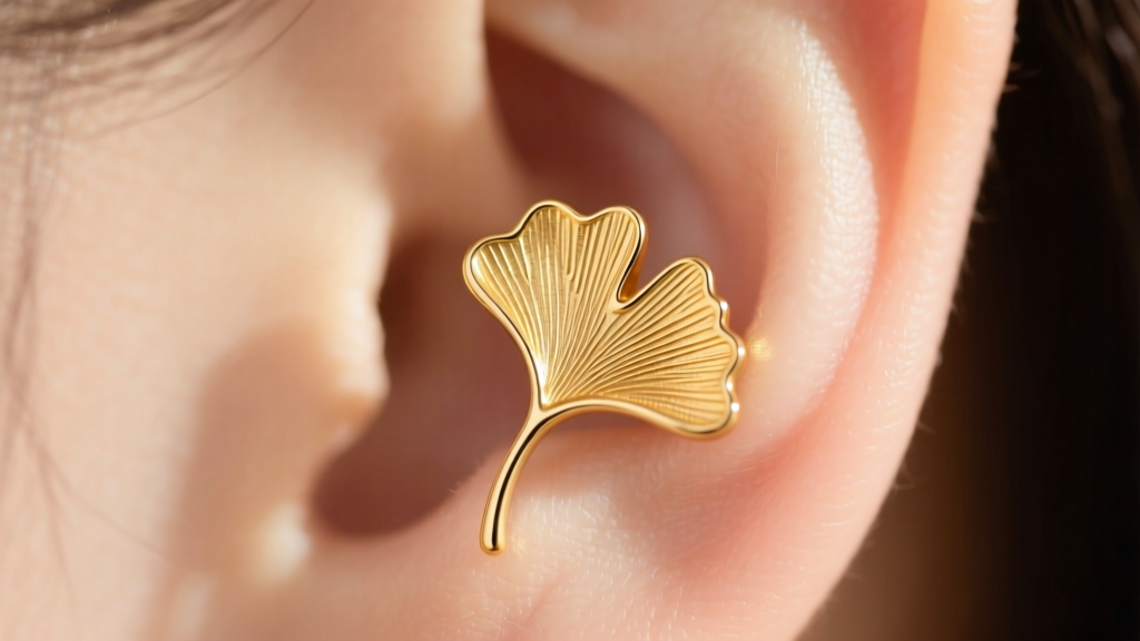 Close-up of 18k gold vermeil ginkgo leaf stud earrings on an ear lobe, soft autumn sunlight highlighting textured metal veins.