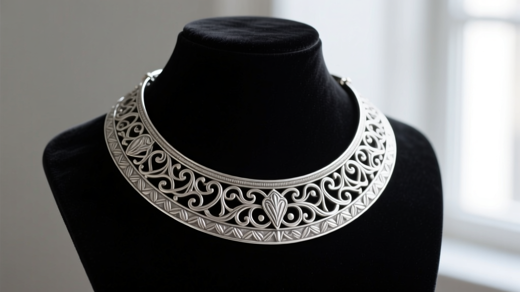 Sterling silver Cleopatra broad collar necklace on velvet bust, showing intricate filigree and mild oxidation in metal crevices.