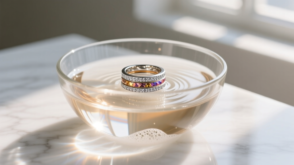 Glass bowl filled with warm soapy water and a submerged multi-band diamond ring, illuminated by soft natural window light