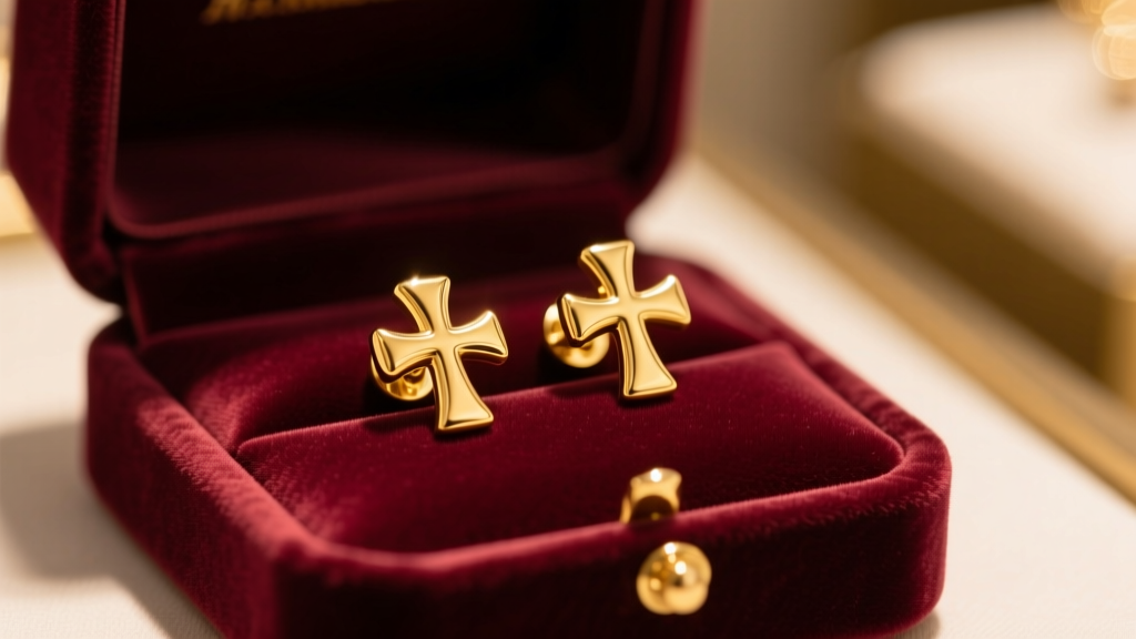 Close-up of a velvet display box holding polished 14k yellow gold cross stud earrings under warm jewelry store lighting.