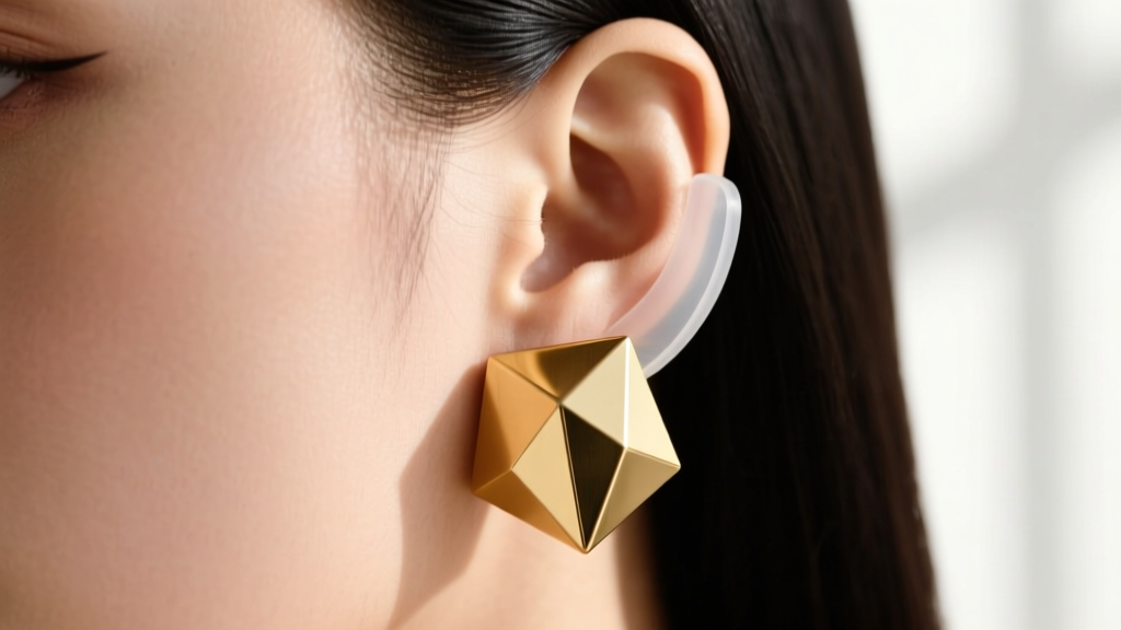 Earlobe wearing a heavy geometric brass block earring supported by a thick clear silicone backing pad to prevent sagging and tears