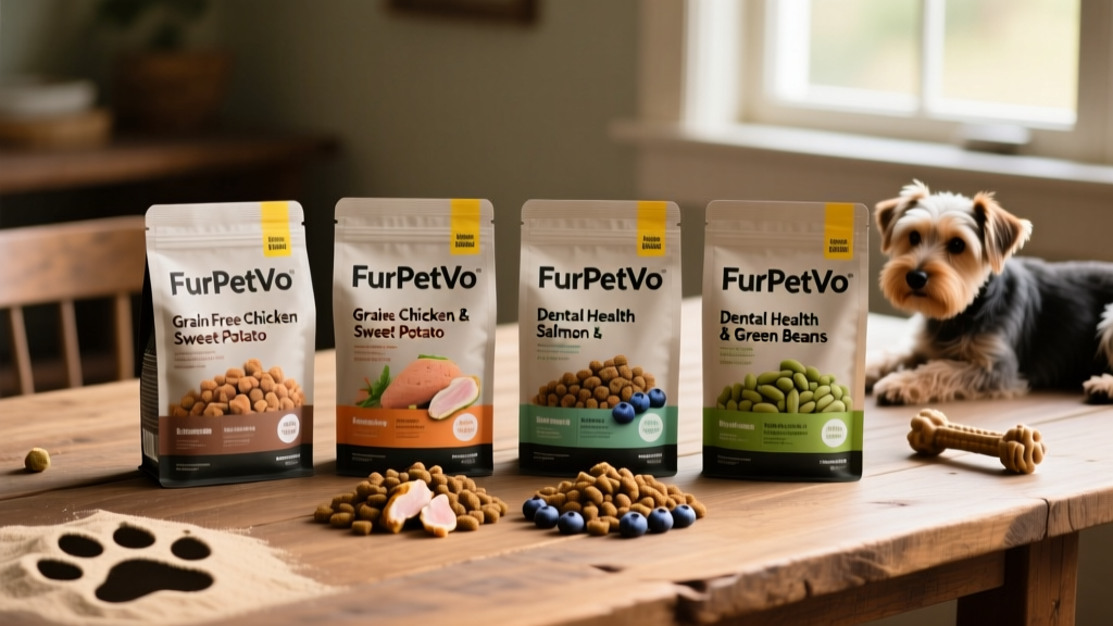 Side-by-side comparison of four FurPetVo small-breed formulas in their signature packaging, highlighting kibble size and key ingredient callouts