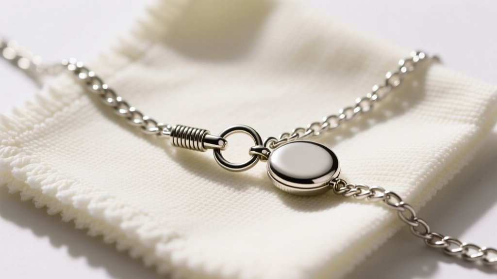 Top-down view of a 0.9mm silver cable chain and spring ring clasp attached to a locket bail on a microfiber polishing cloth.