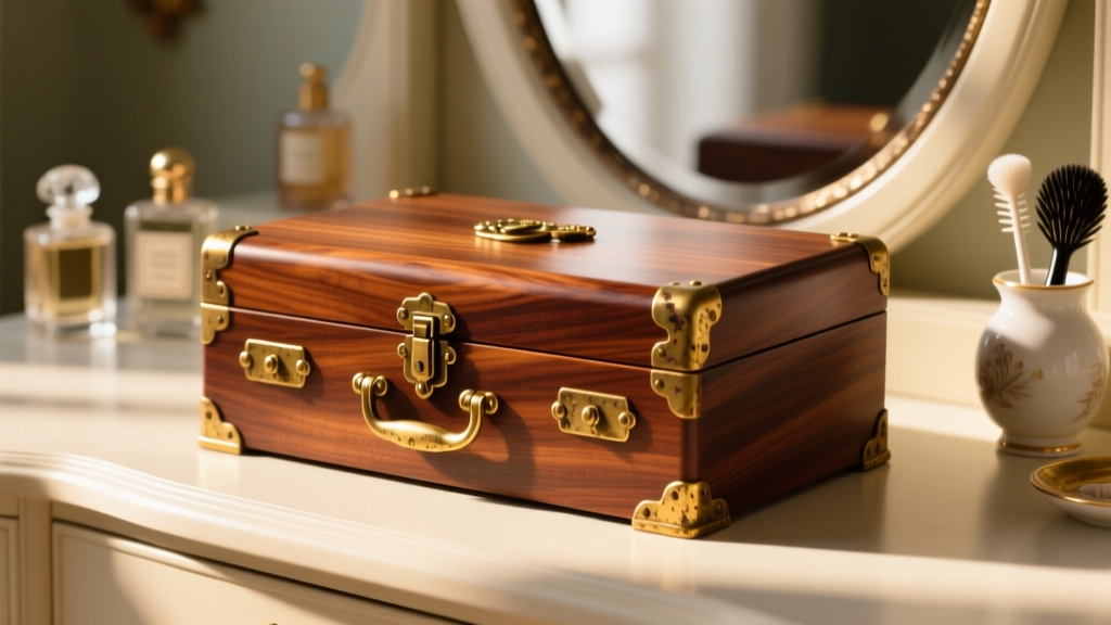 Large jewelry box vintage mahogany on vanity, warm light showing rich polished wood grain and tarnished brass hardware details