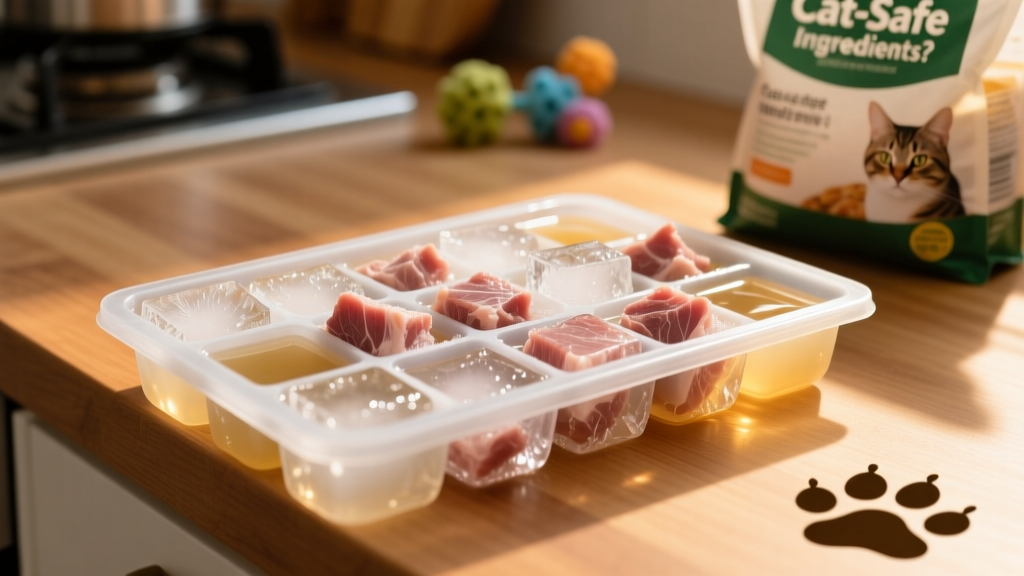 Ice cube tray filled with clear broth and small pork pieces, partially frozen